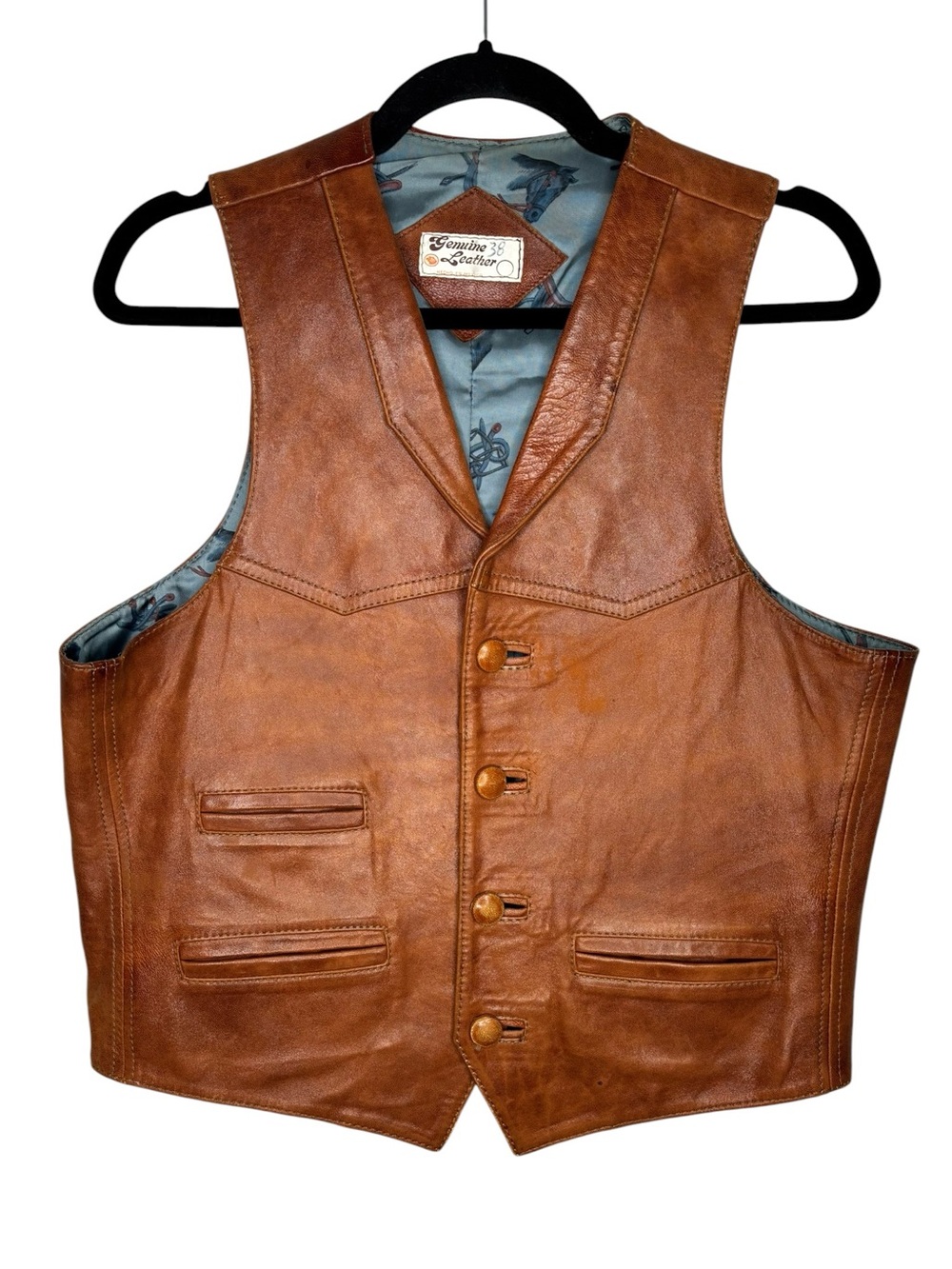 Vintage 70s Genuine Leather Western Vest Brown Tooled Cowboy Rodeo